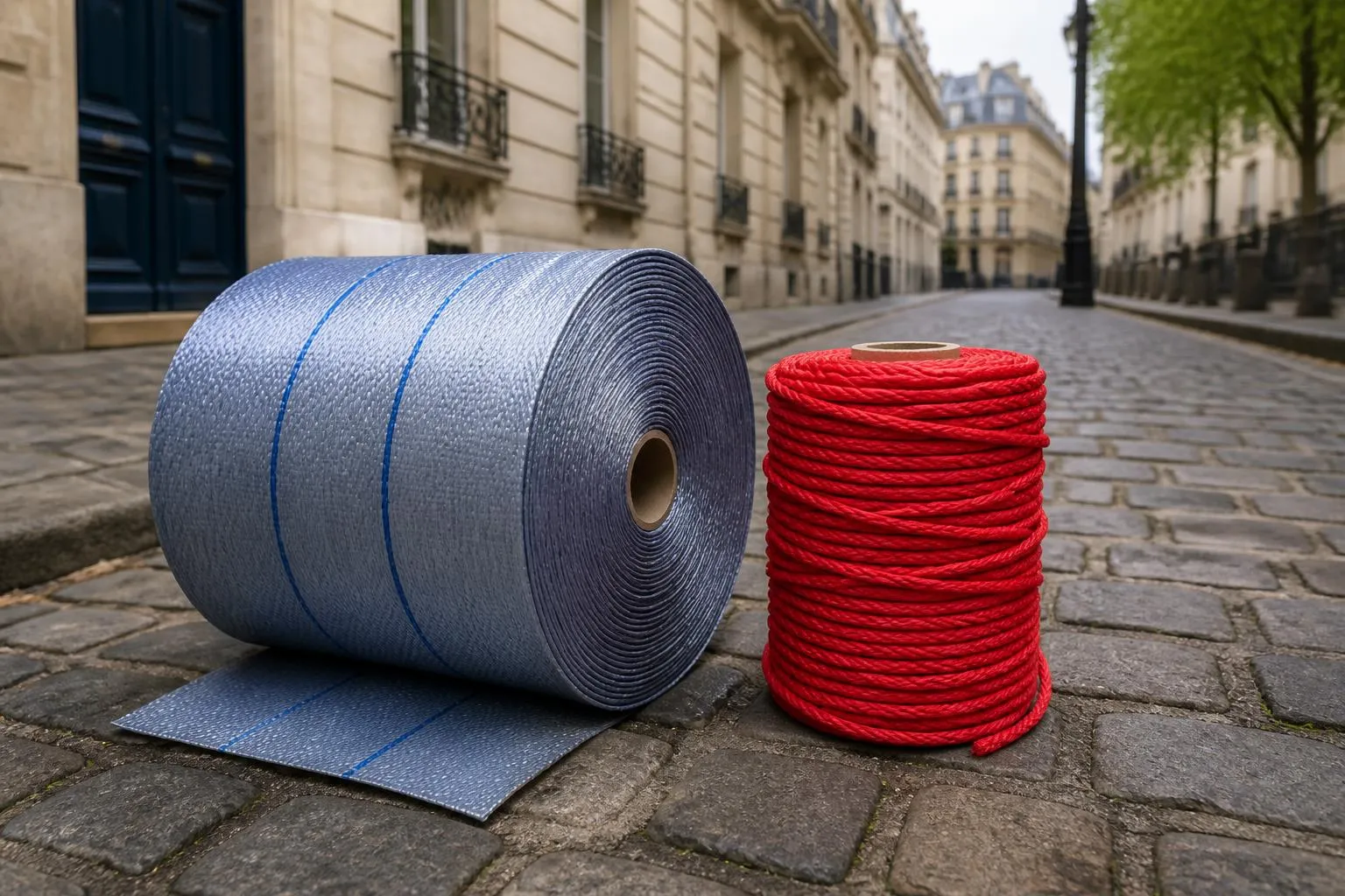 une bobine de tissu polypropylène bleu argenté et un rouleau de corde rouge posés sur des pavés parisiens