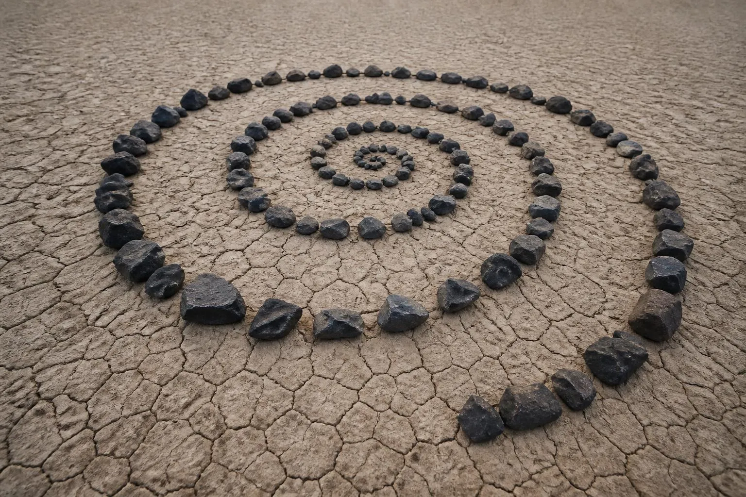 une spirale de pierres sombres posée sur un sol séché craquelé, à hauteur d'homme