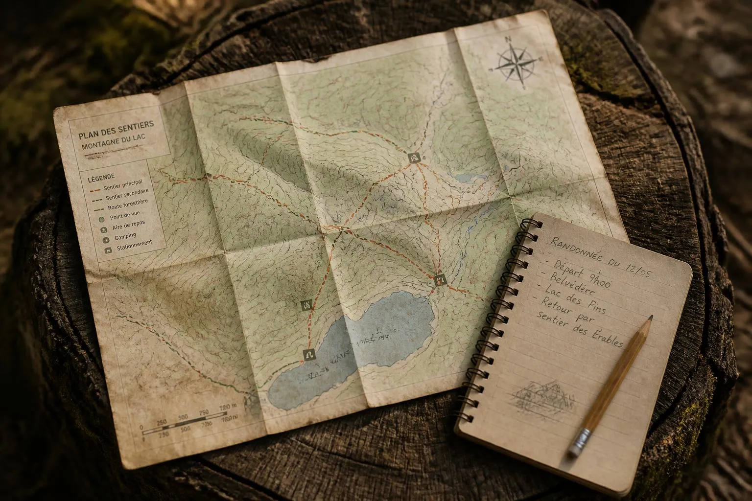un plan de sentiers en papier plié, taché d'usage, posé sur une souche en bois avec un carnet et un crayon