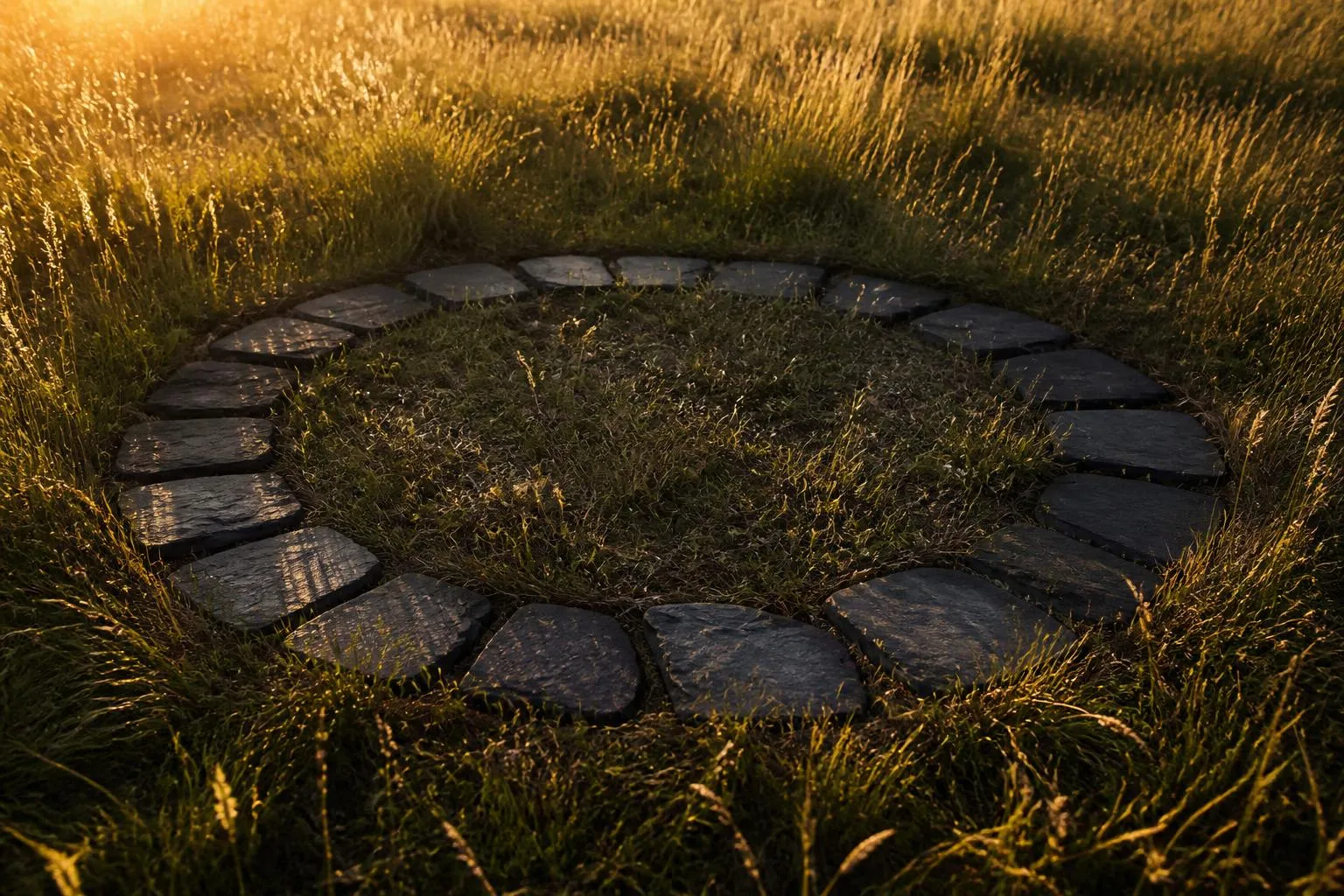 un cercle de pierres plates de schiste sombre, posé au ras du sol, entouré d'herbe haute et de lumière rasante