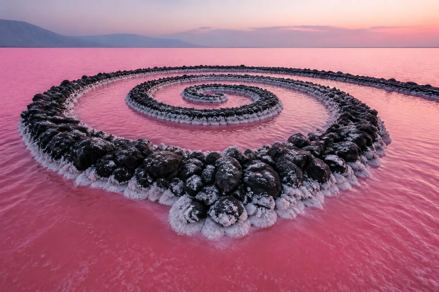 une digue de pierre noire enroulée en spirale, cristaux de sel blancs sur la roche, eau rose autour