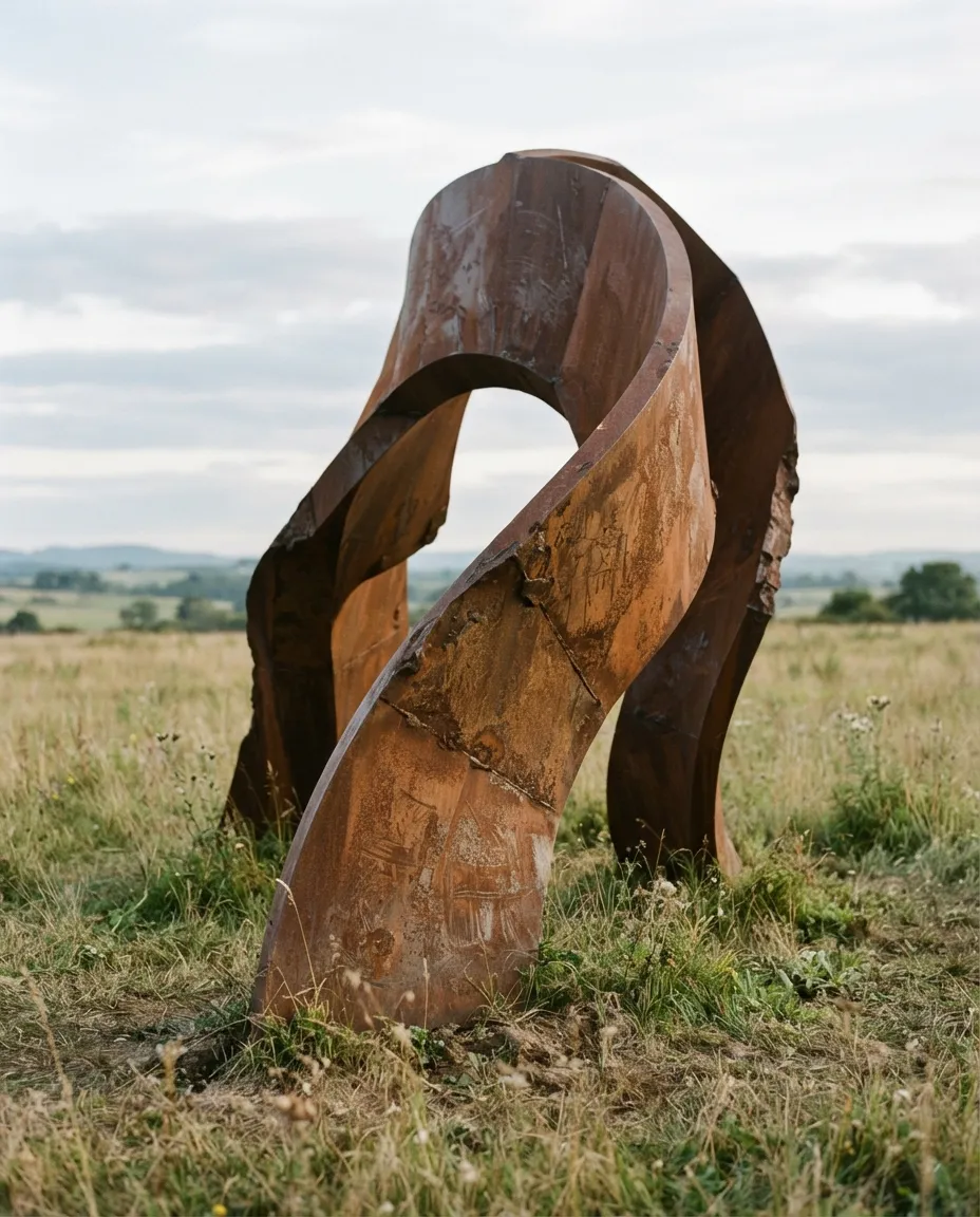 Sculpture d'acier corten dans un champ, art contemporain en plein air